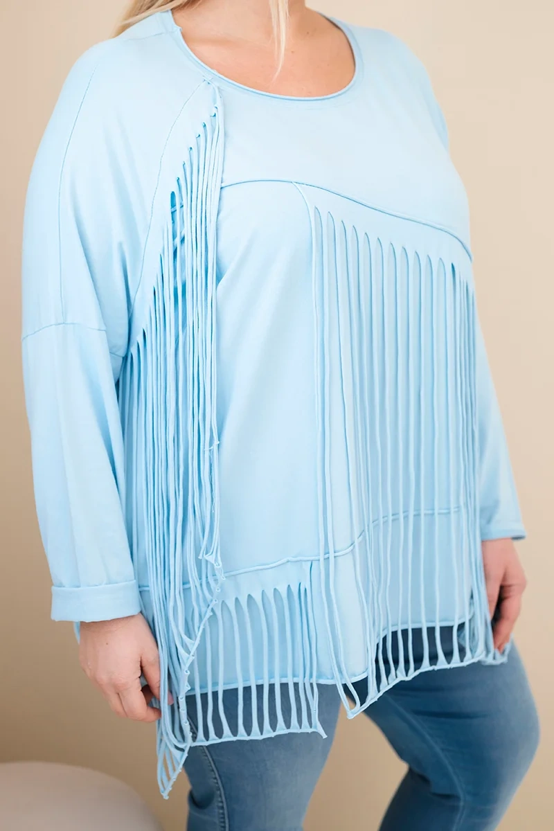 Plus size dámska blúzka s strapcami modrá