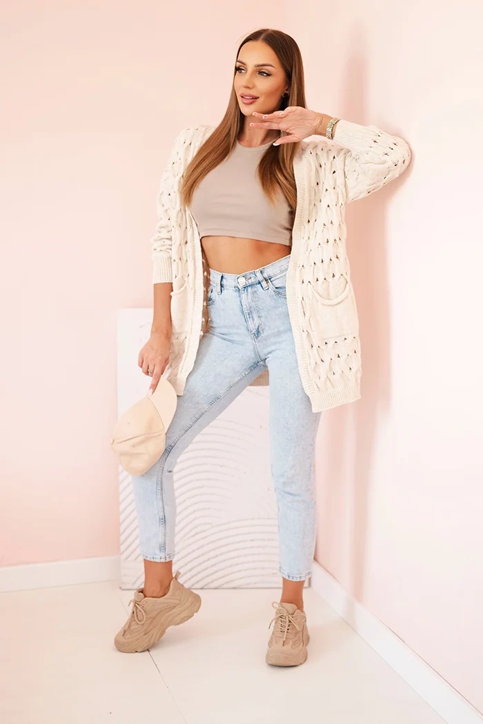 Kesi Włoski Women's openwork cardigan with pockets beige