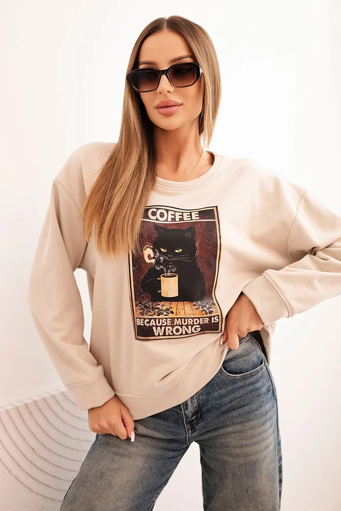 Kesi Włoski Womens cotton sweatshirt with a cat print and text beige