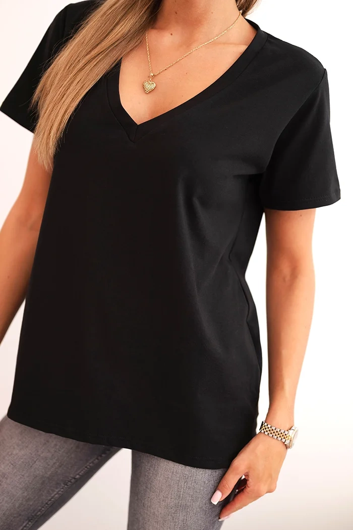 Polski Women's cotton blouse with a V-neck and short sleeves black