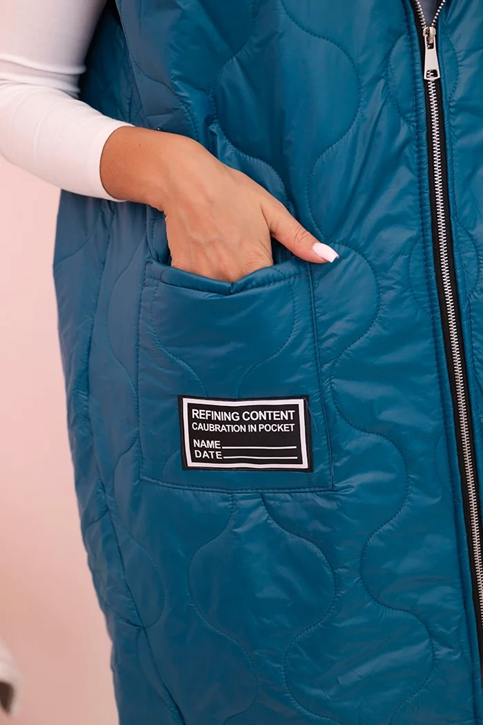 Kesi Włoski Plus Size women's quilted vest with a hood fastened with a zipper sea green