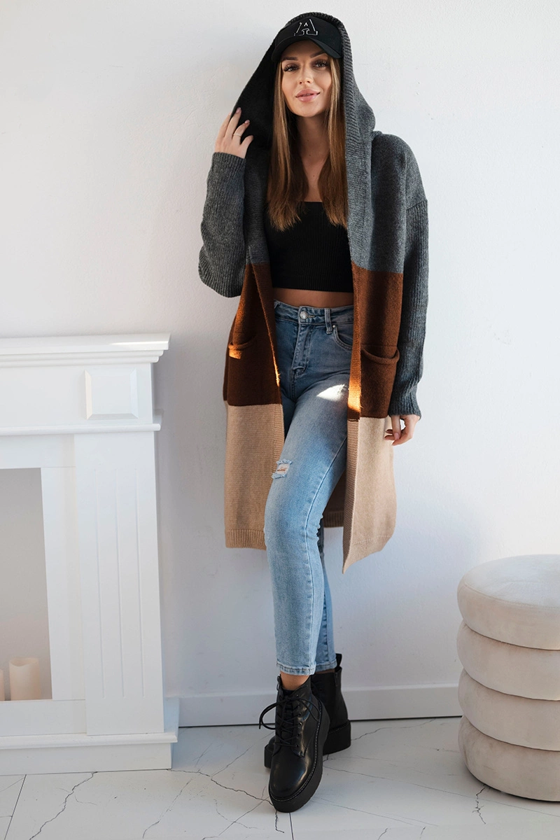 Striped hooded sweater graphite+brown+camel