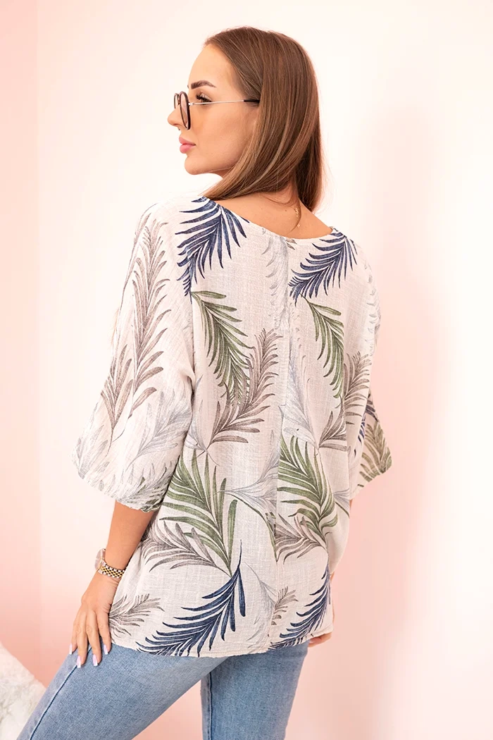 Kesi Włoski Women's cotton blouse with leaves with roll-up sleeves beige