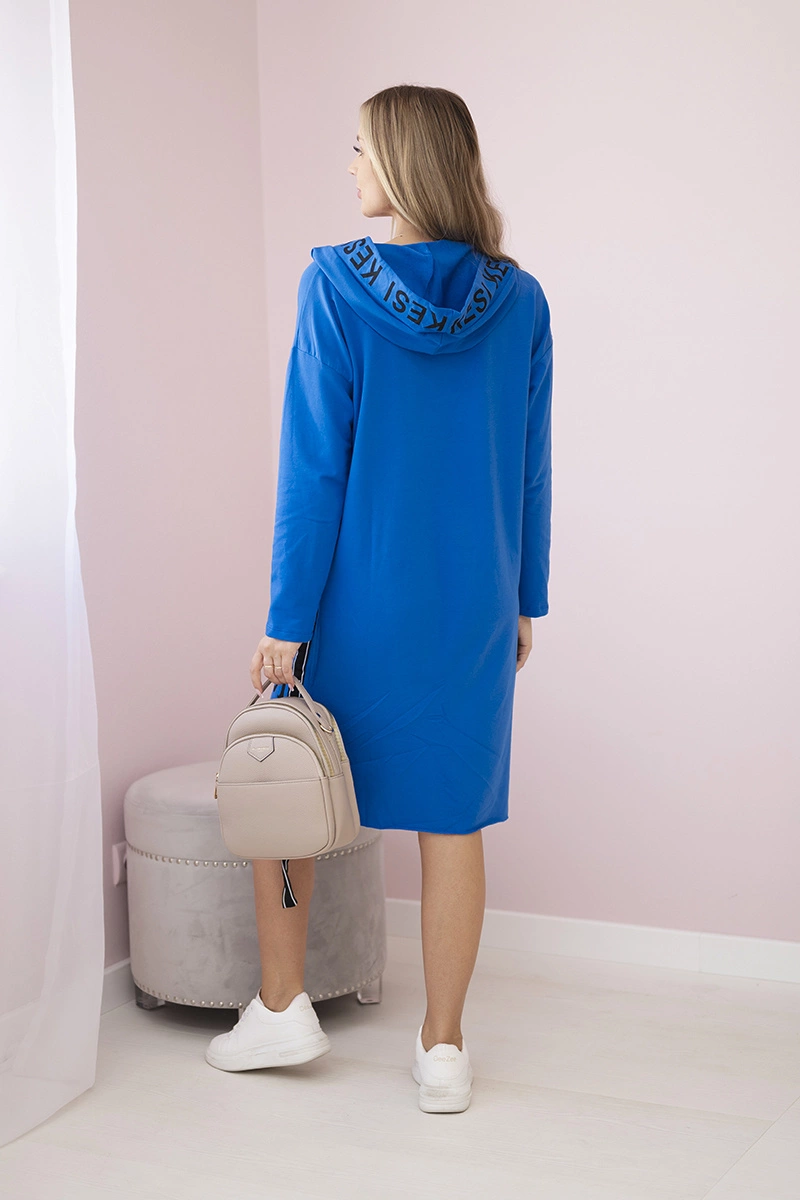 Hooded dress with a purple-blue print
