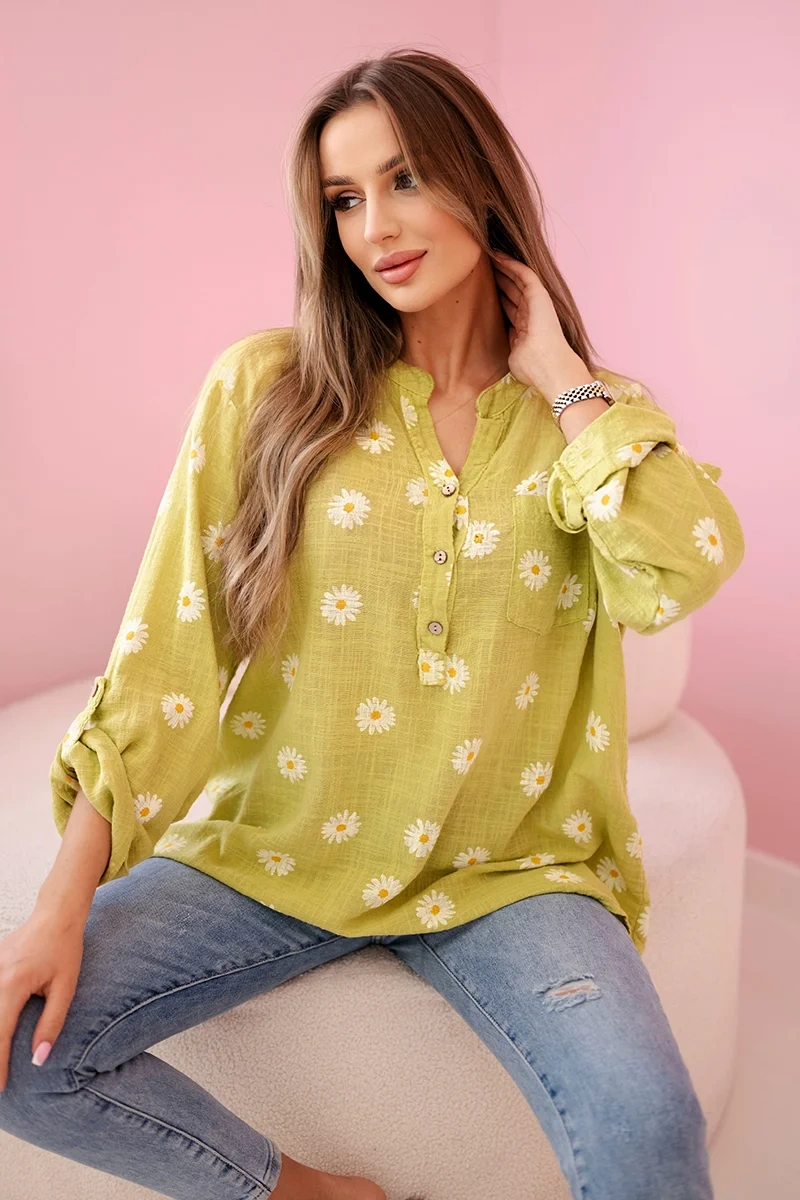 Kesi Włoski Linen Women's Blouse with Floral Pattern, Long Sleeves, and Buttons kiwi