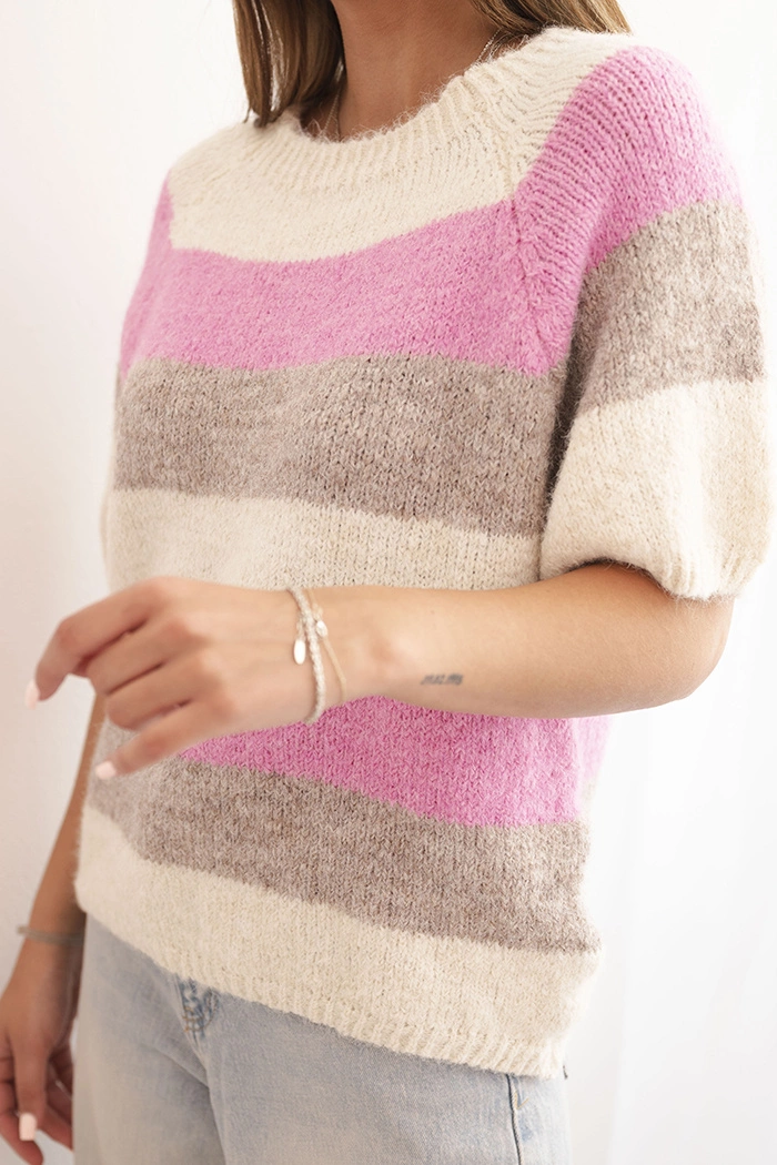 Kesi Włoski Women&#039;s short-sleeve striped sweater made of fango wool + beige