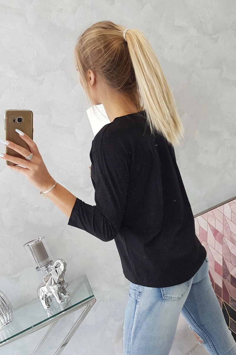 Blouse with 3D graphics and decorative pom pom black