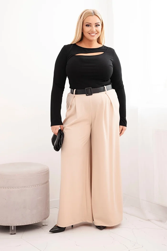 Kesi Włoski Plus Size women's pants with wide legs and a belt beige