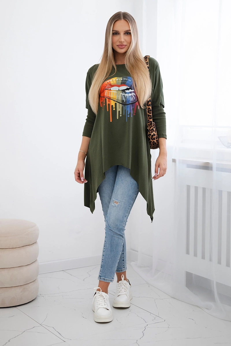 Oversized blouse with khaki rainbow lip print