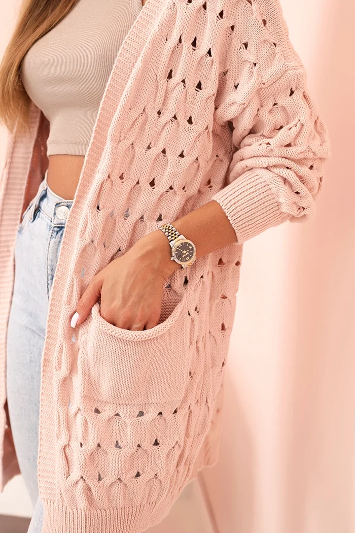 Kesi Włoski Women's openwork cardigan with pockets powder pink