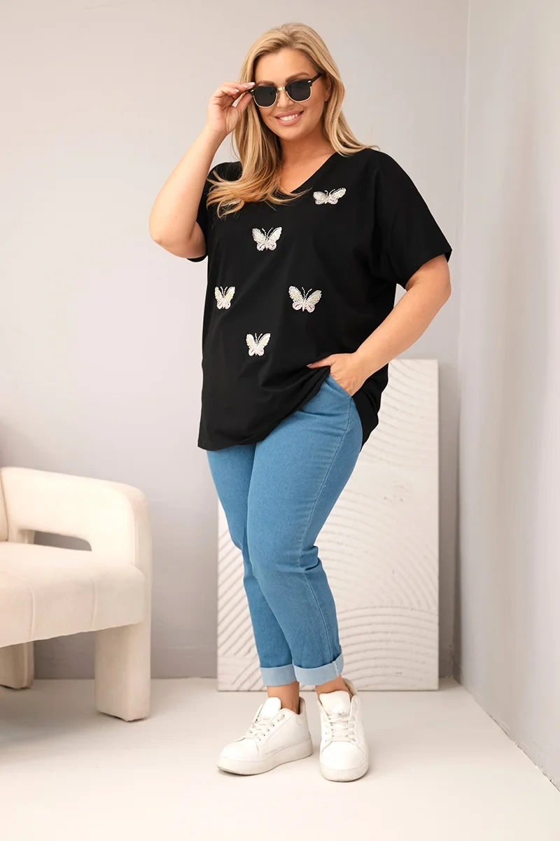 Plus size blúzka s motýľmi čierna