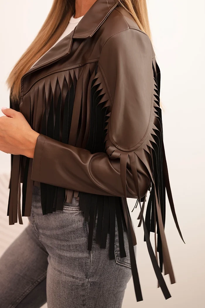 Kesi Włoski Women's eco-leather jacket with fringes in boho style brown