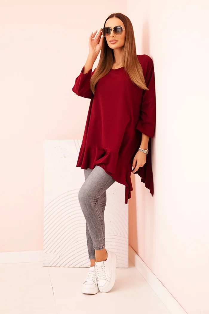 Kesi Włoski Plus Size women's blouse with cotton, frill, and rolled-up sleeves burgundy