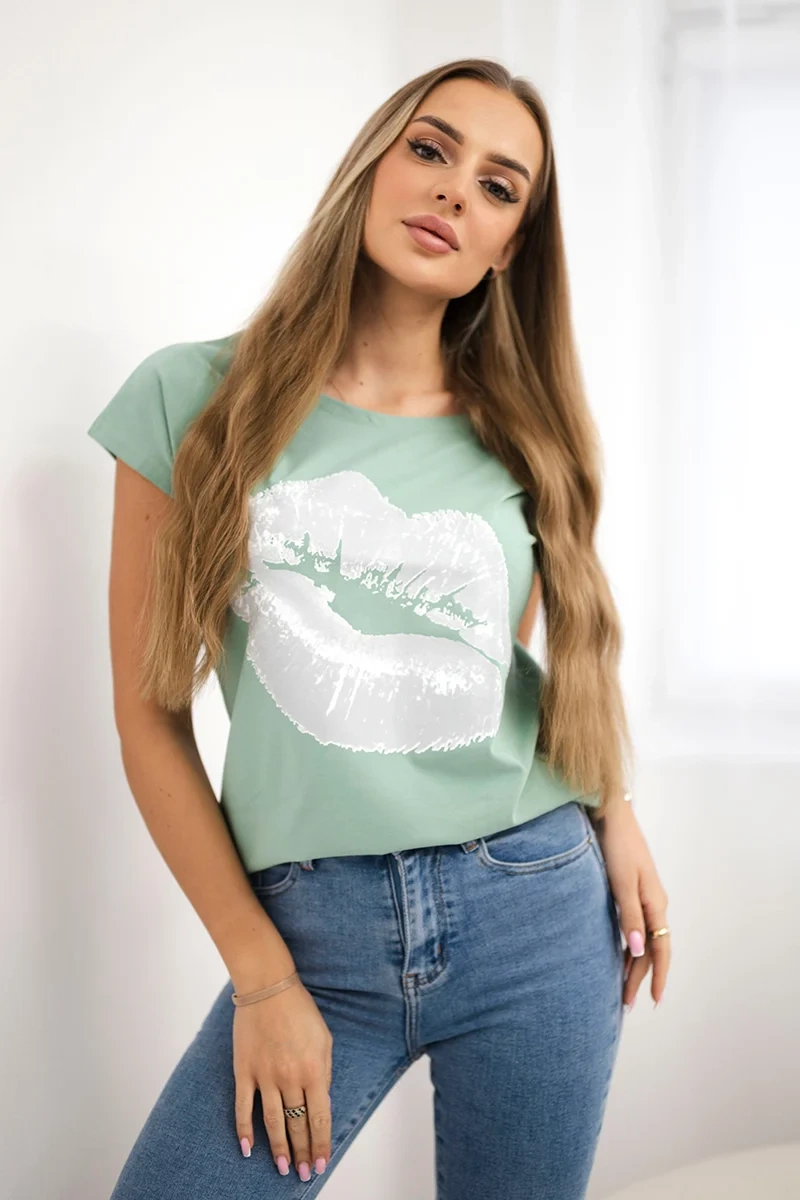 Blouse with dark mint lip print