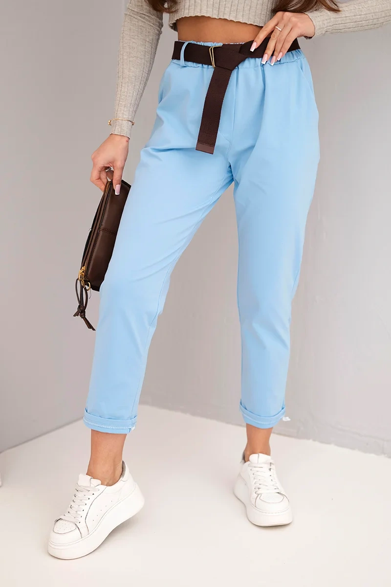 Kesi Włoski Dámské bavlněné kalhoty s páskem a ohrnutým lemem modré