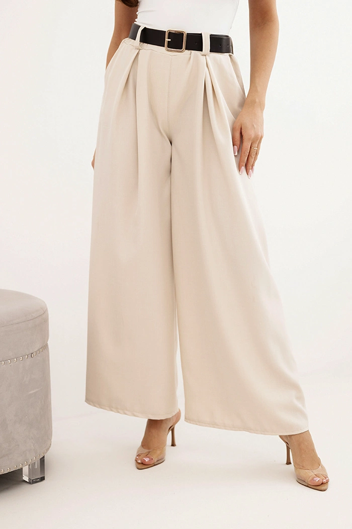 Kesi Włoski Women's wide-leg trousers with a belt light beige