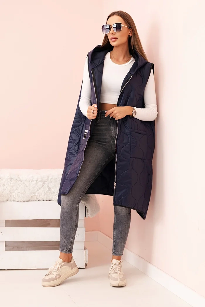 Kesi Włoski Women's quilted Plus Size vest with a hood zippered navy