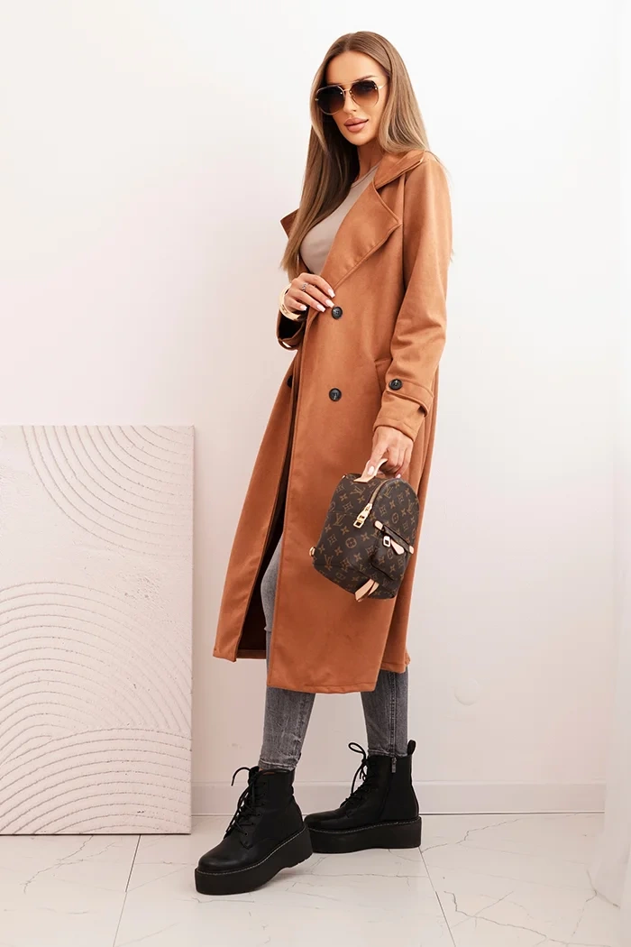 Kesi Włoski Women's coat tied at the waist with a collar and buttons camel