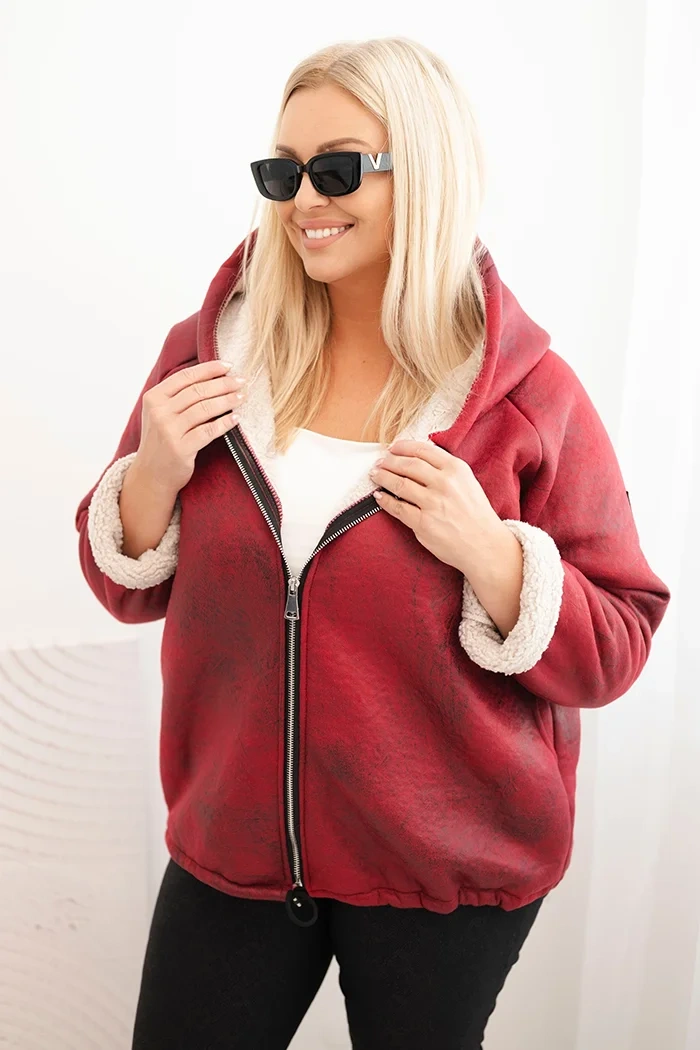 Kesi Włoski Dámska bunda Plus Size s kapucňou a baránkom bordová