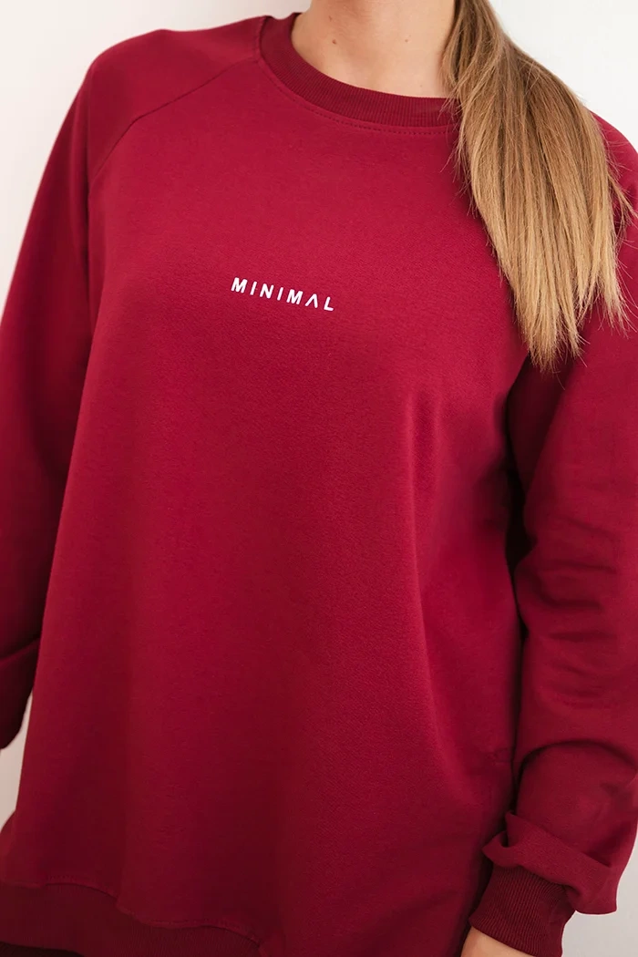 Polski Women&#039;s cotton set with a sweatshirt and leggings with the inscription Minimal maroon