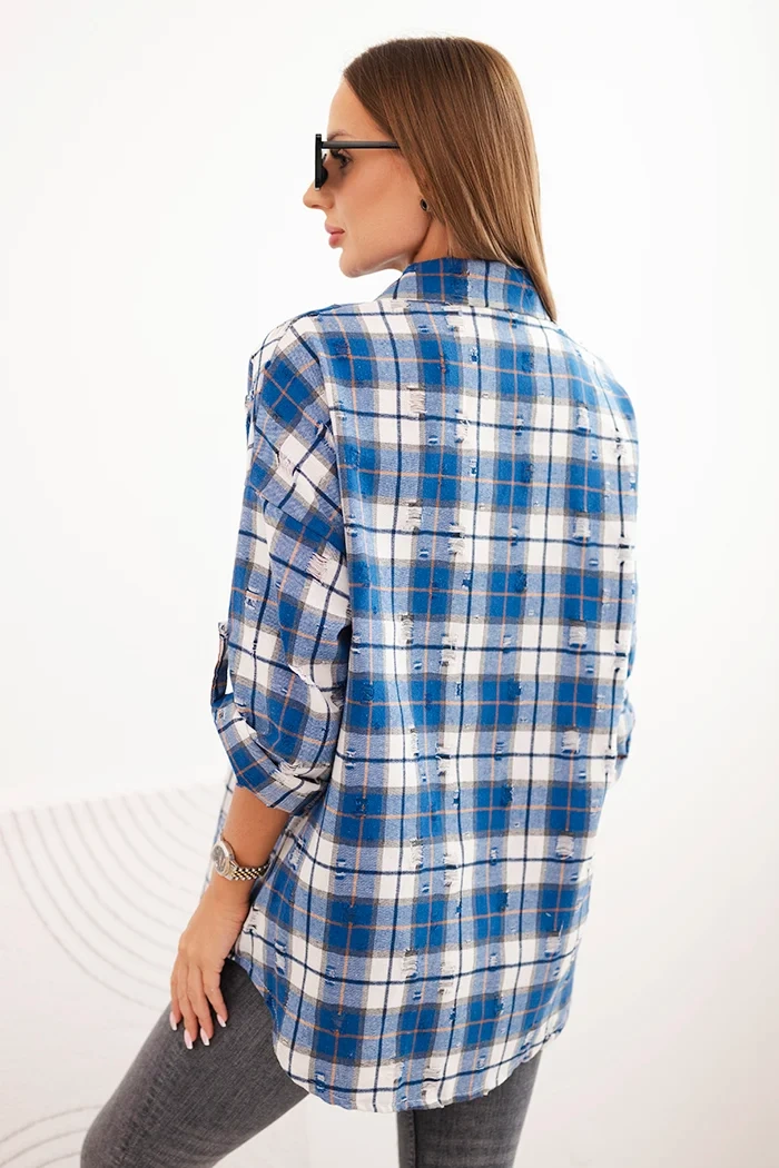 Kesi Włoski Women's cotton checkered shirt with a distressed effect cornflower blue
