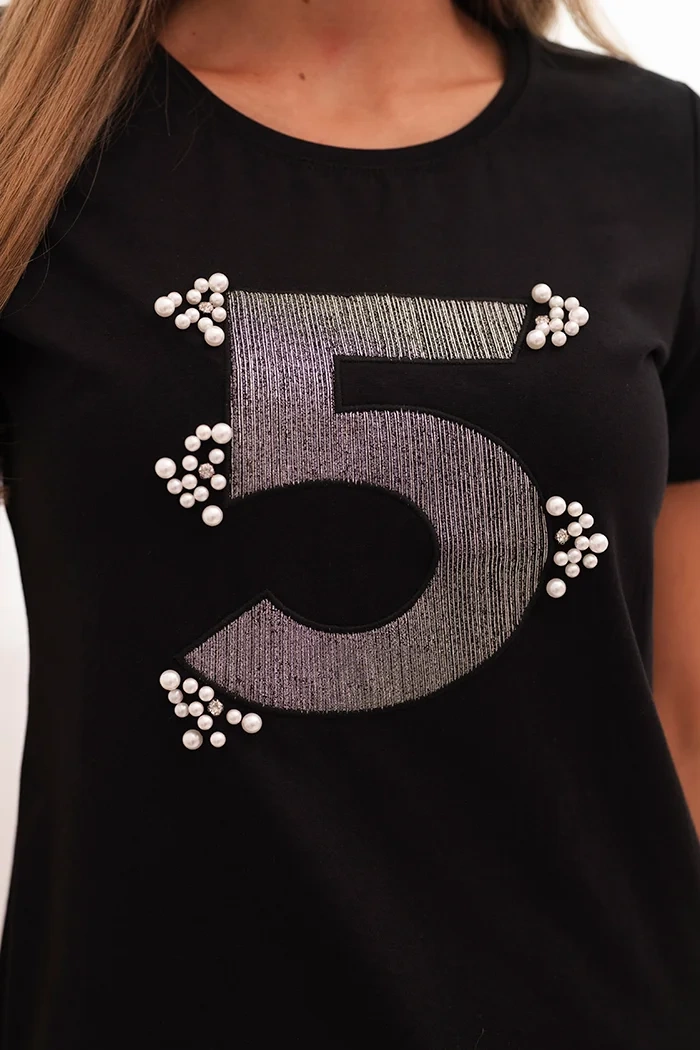 Kesi Women's cotton blouse with short sleeves and a patch with pearls black