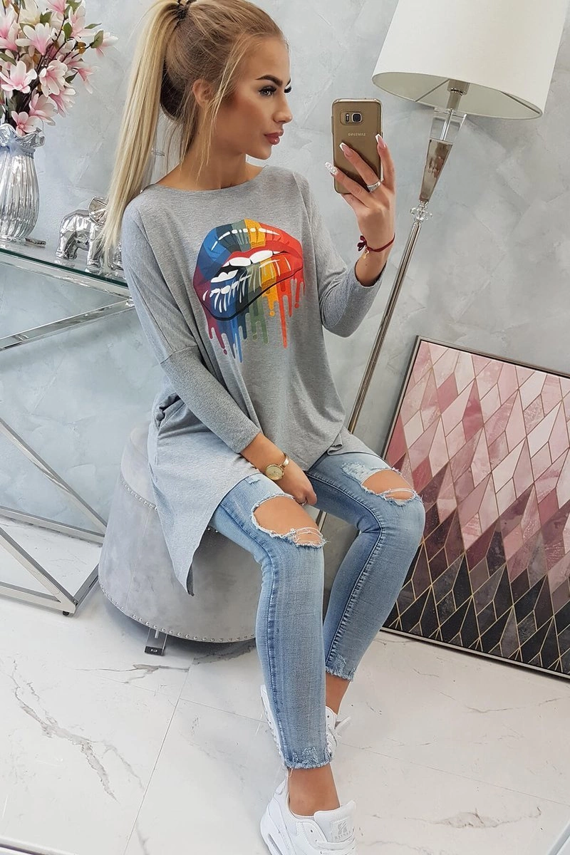 marka niezdefiniowana Blouse oversize with rainbow lips print gray