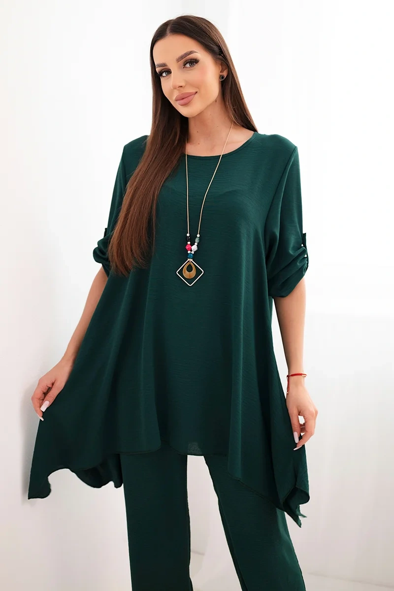 Women's set blouse with pendant + trousers - dark green