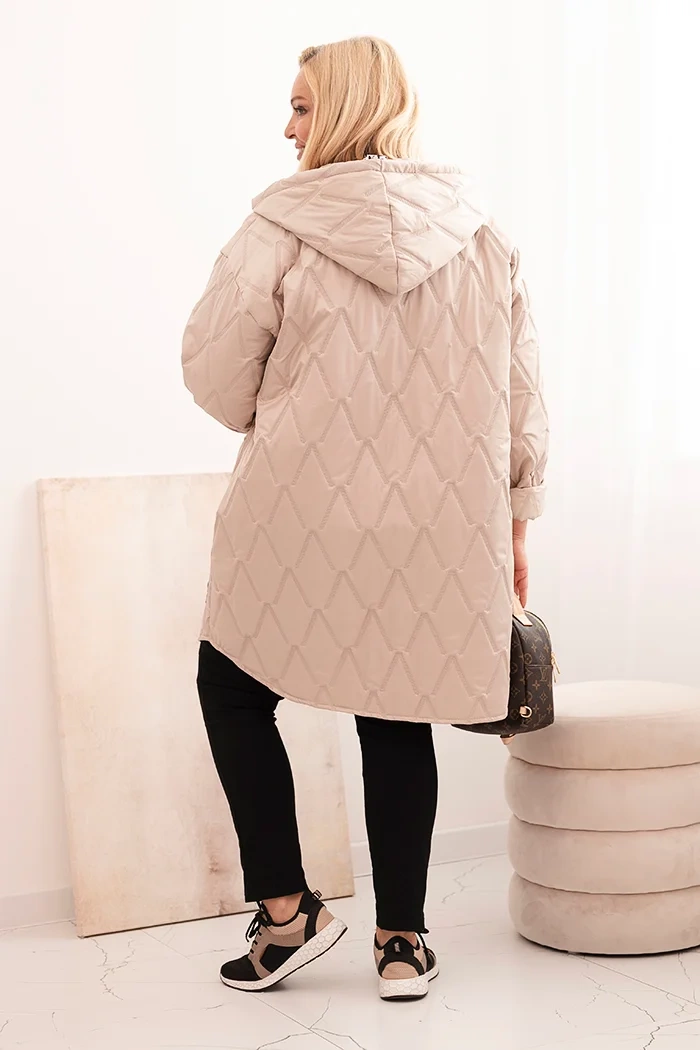 Kesi Włoski Women's Plus Size quilted jacket with a hood and the inscription HOPE dark beige