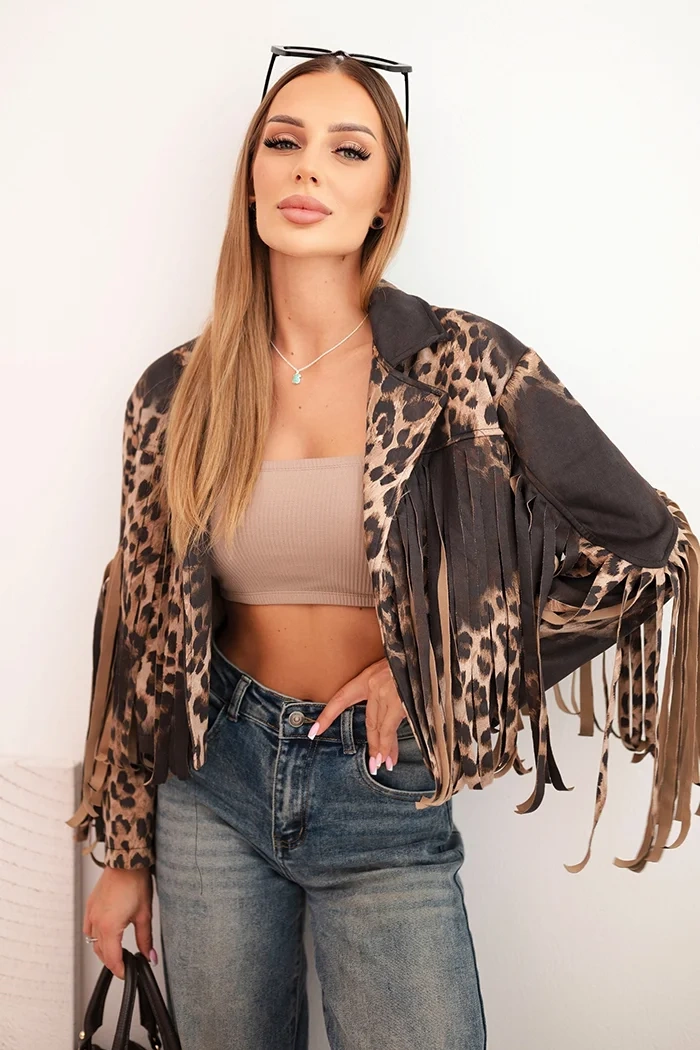 Kesi Włoski Womens suede jacket with leopard print and fringes black