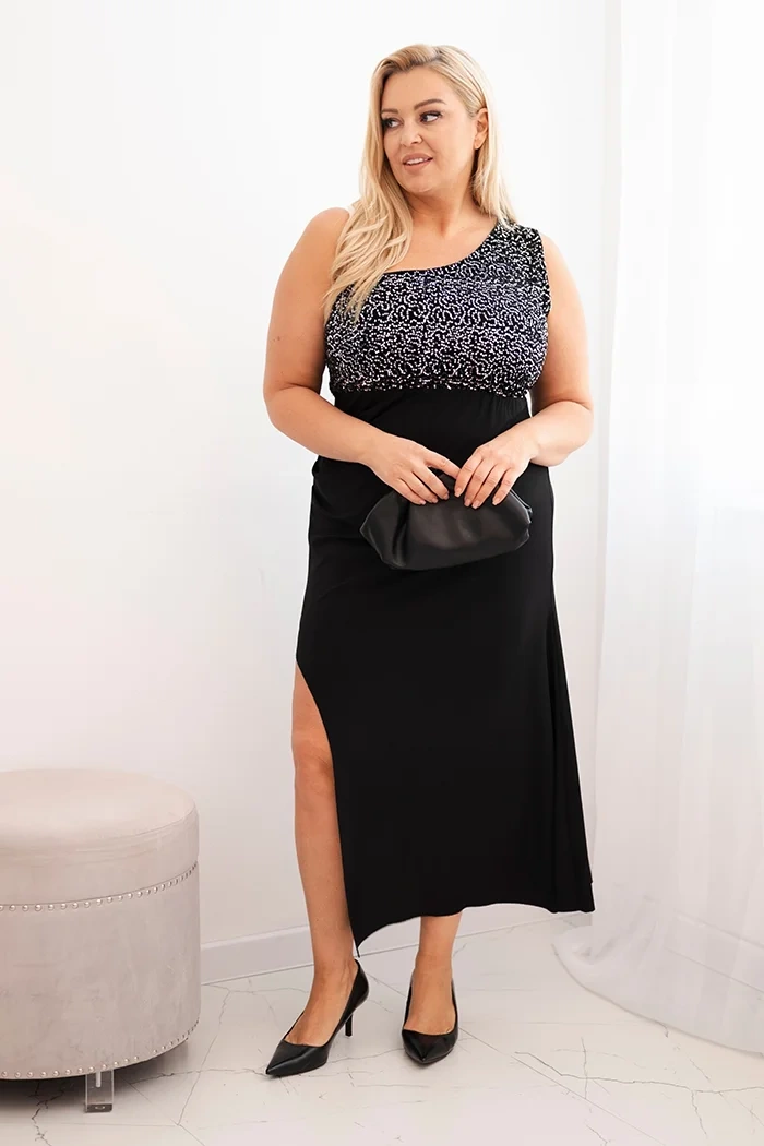 Dámské večerní šaty Plus Size na jedno rameno černý + stříbrný UNI