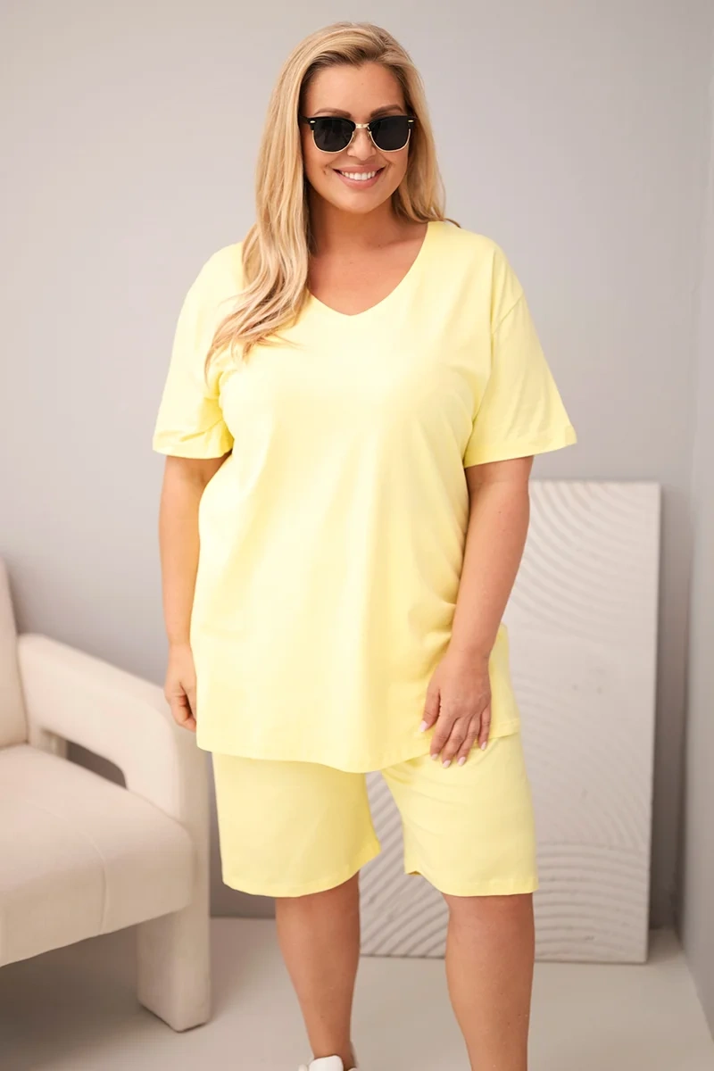 Kesi dámsky plus size set s blúzkou a kraťasmi žltý