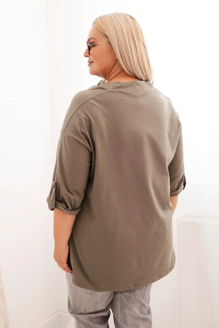 Kesi Włoski Dámska blúzka Plus Size z bavlnou s voľným strihom a vodným výstrihom khaki
