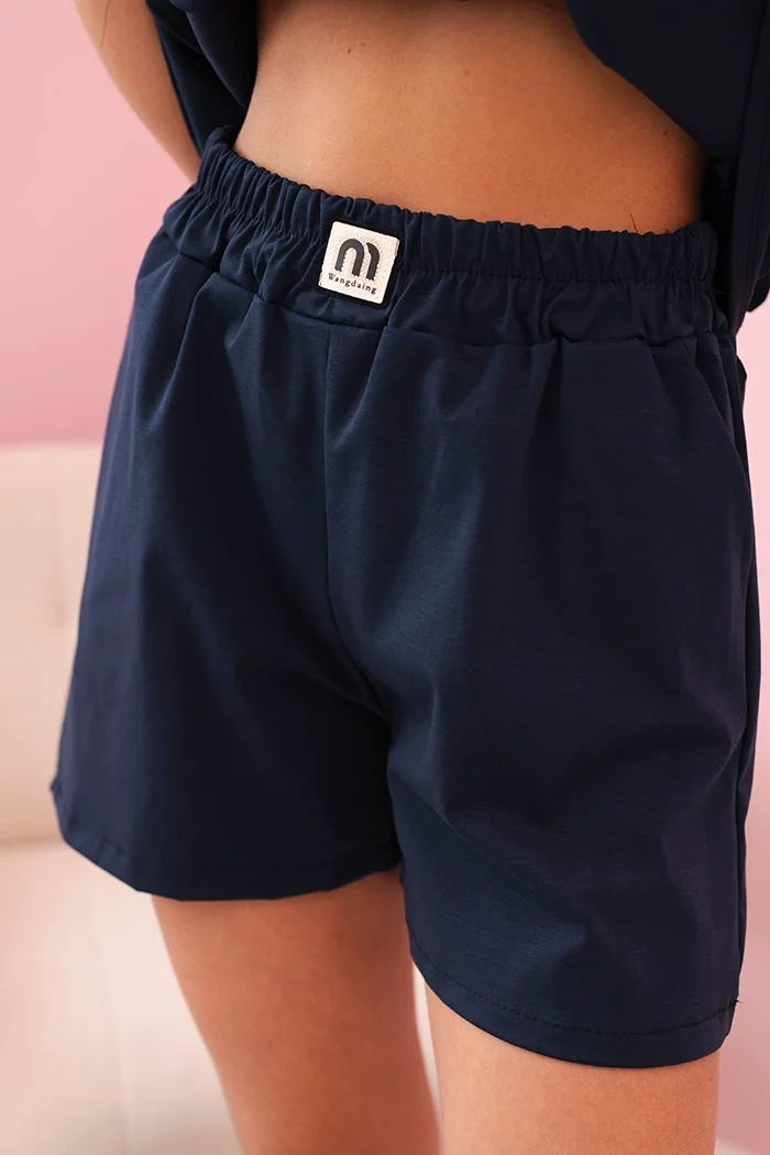 Kesi Włoski Women&#039;s set with a frill – a short-sleeved blouse and shorts with an elastic band navy blue