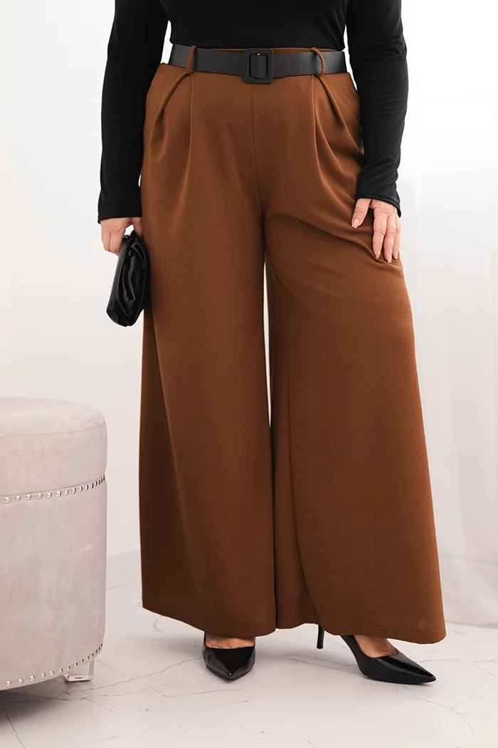 Kesi Włoski Plus Size women's pants with wide leg and belt chocolate