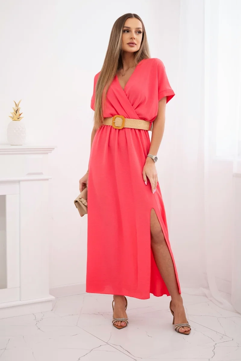 Kesi Włoski Long dress with a decorative belt Pink Neon