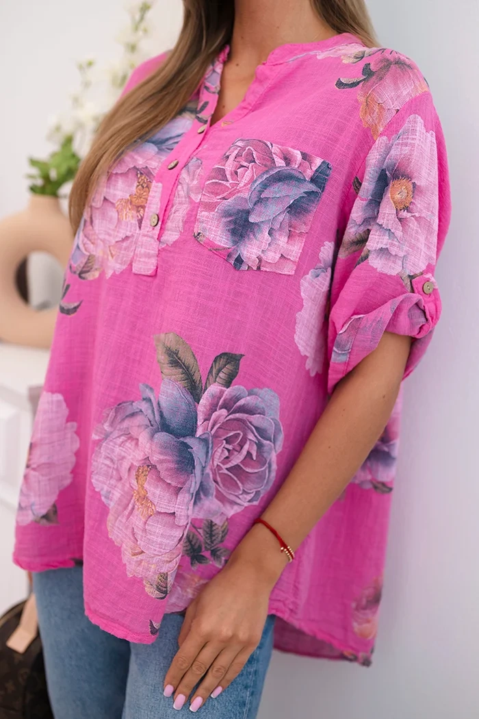 Kesi Włoski Women's cotton blouse with a floral pattern pink