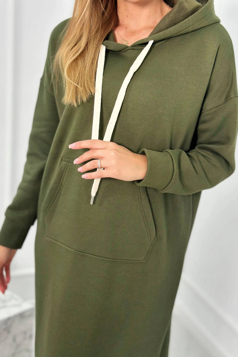 Long dress with a hood in khaki color