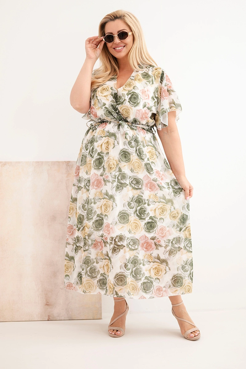 Kesi Włoski plus-size kvetinové šaty khaki