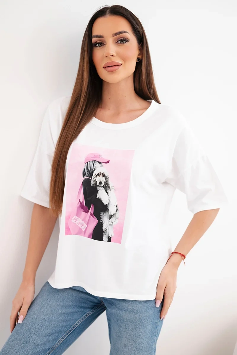 Дамска памучна тениска Kesi с щампа, голям размер, бяла