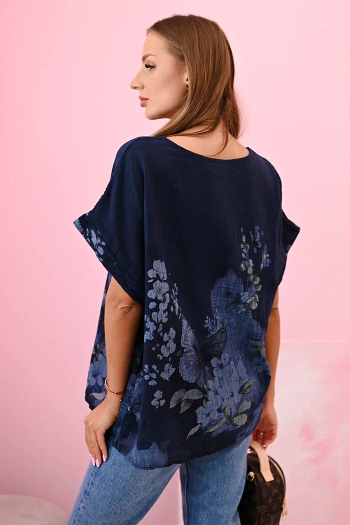 Kesi Włoski Women's cotton shirt with butterflies and flowers navy blue