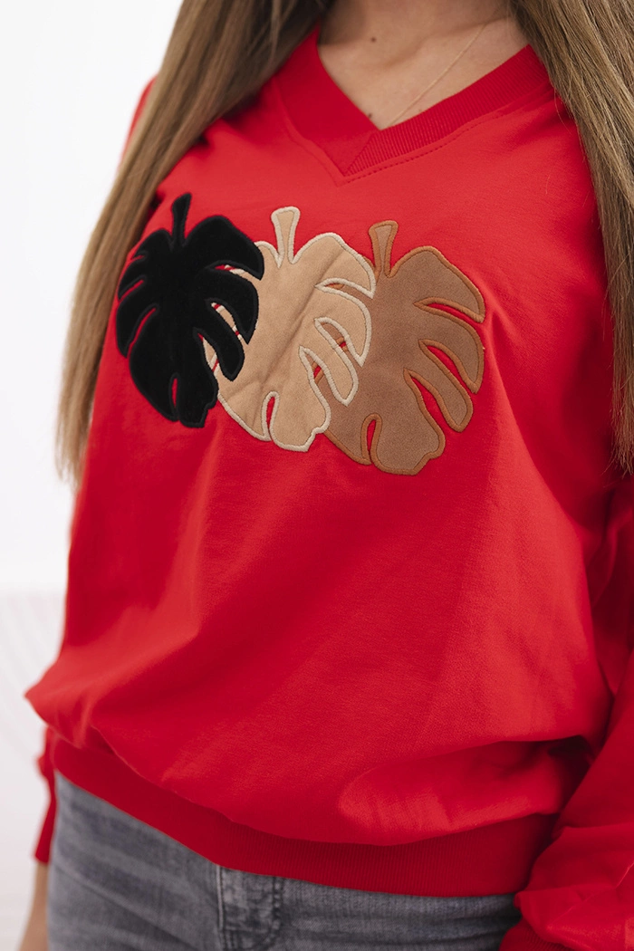 Kesi Women&#039;s sweatshirt with a V-neck and velvet leaf red