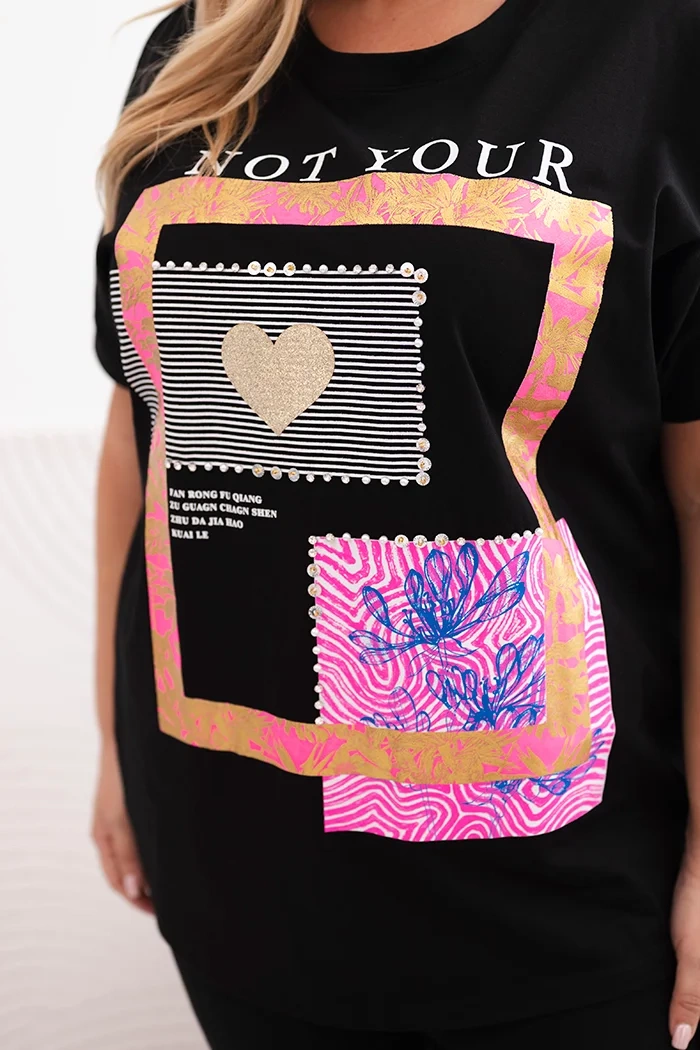 Kesi Włoski Women's cotton Plus Size blouse with gold print white + pink