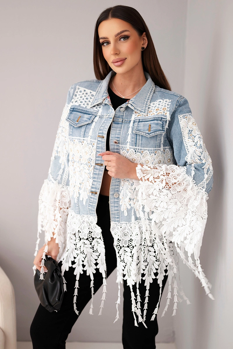 Dámská džínová bunda s krajkou a třásněmi