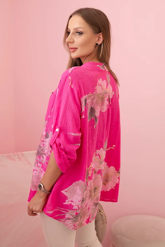 Kesi Włoski Women&#039;s loose-fitting cotton shirt with a floral pattern pink