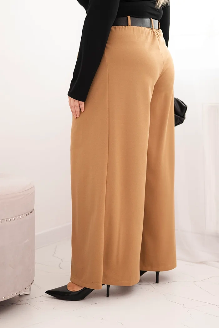 Kesi Włoski Women's Plus Size pants with wide legs and a belt camel
