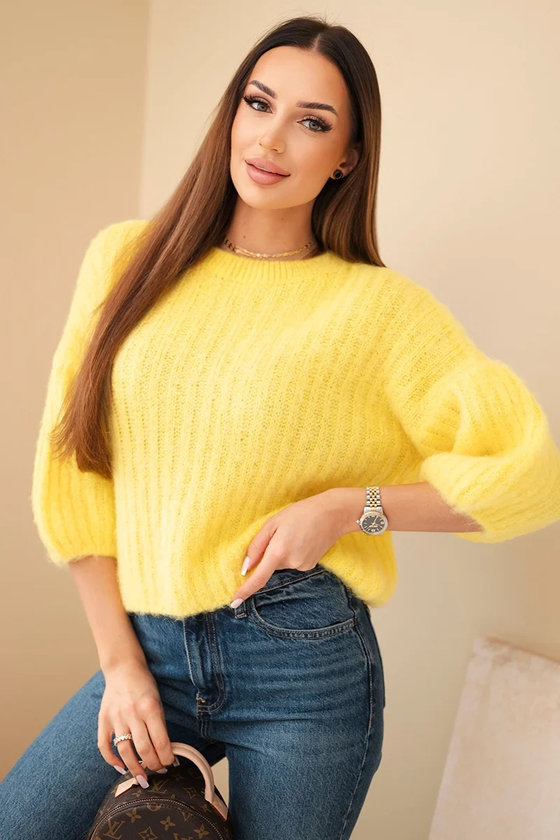 Kesi Włoski Dámsky sveter z mohéru s krátkym rukávom žltý