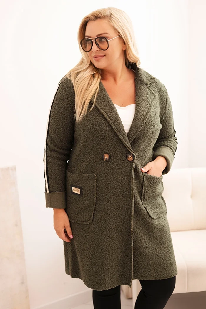 Kesi Włoski Plus Size womens coat made of faux sheepskin with pockets khaki