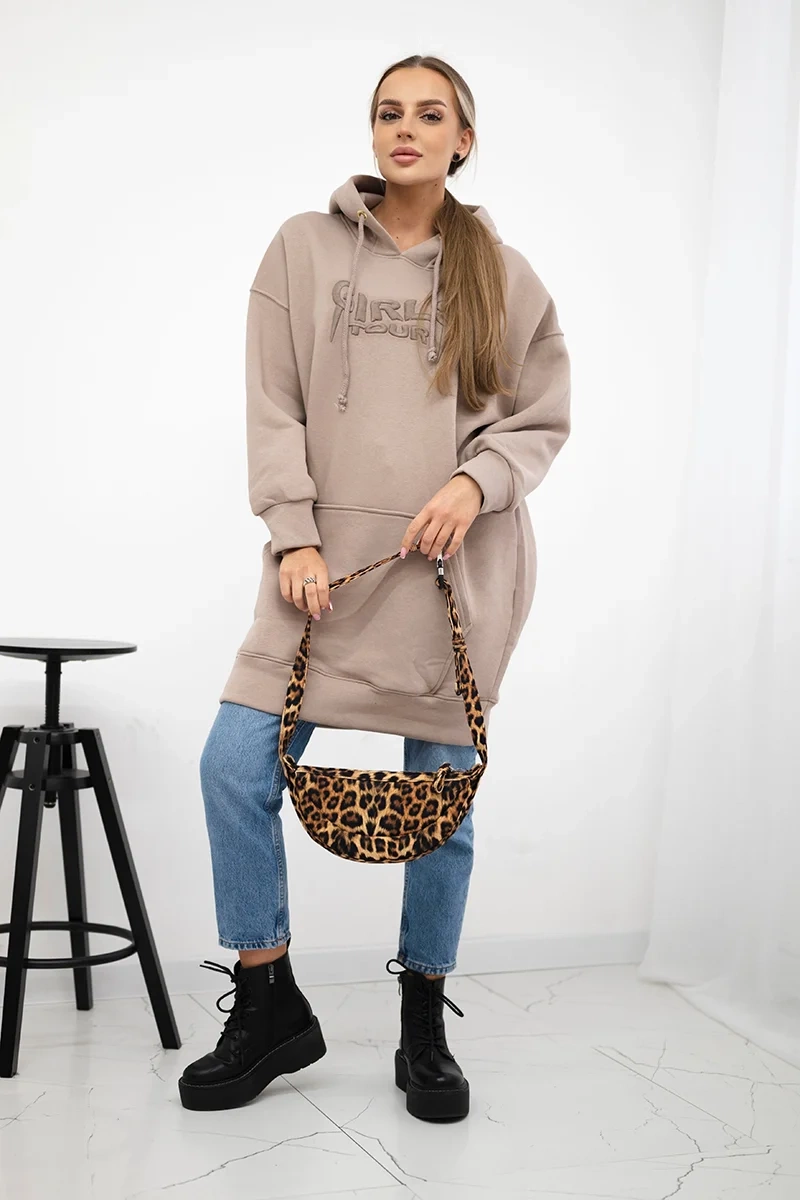 Insulated sweatshirt with embroidered oversize inscription dark beige
