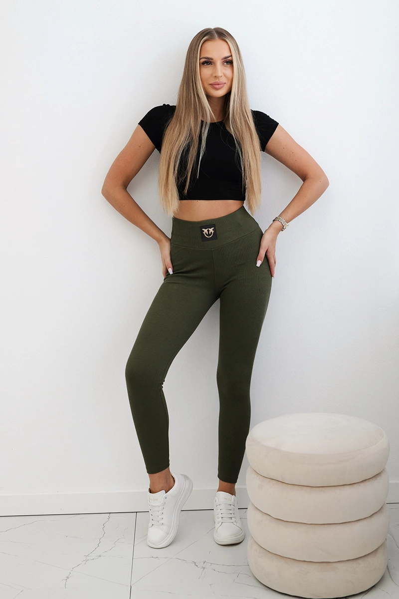 Khaki ribbed leggings with a high waist
